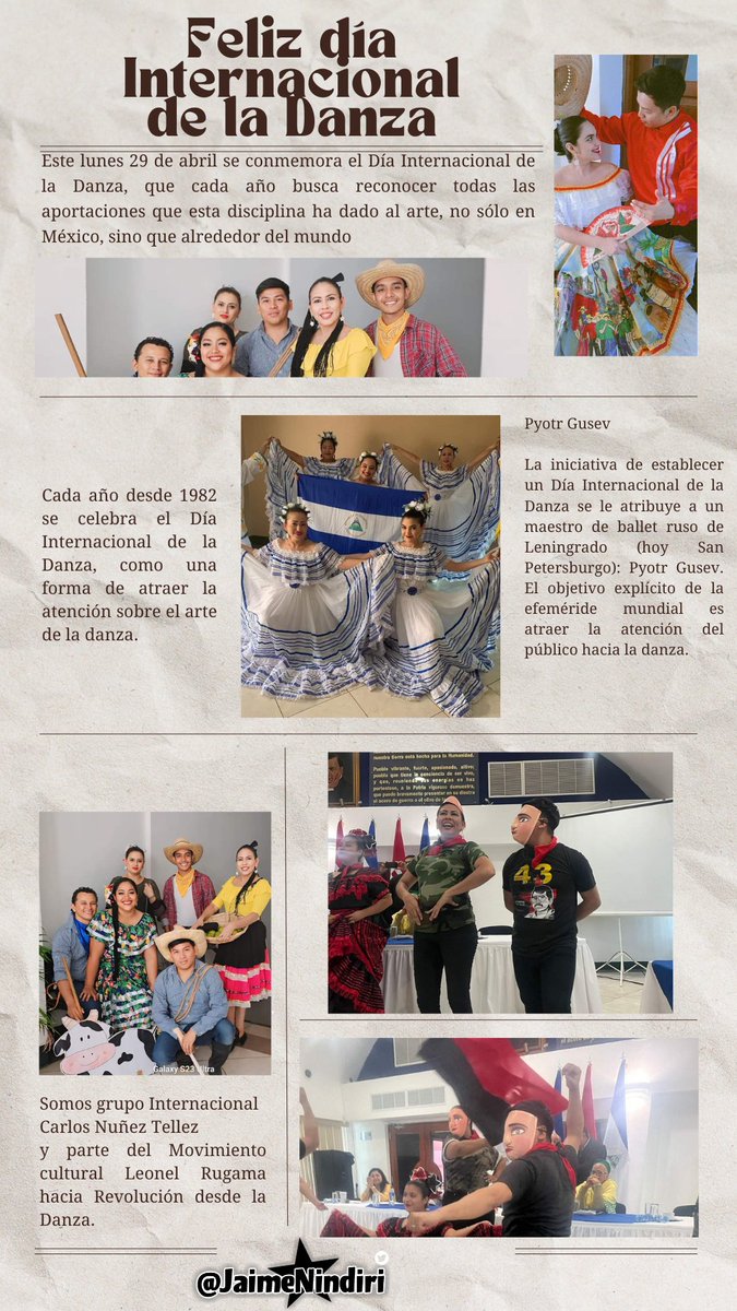 JaimeNindiri's tweet photo. 🚨En 1982, por iniciativa del Comité Internacional de Danza, fue proclamado por la UNESCO el 29 de abril como Día Internacional de la Danza. La fecha escogida por el natalicio del bailarín y coreógrafo Jean-Georges Noverre.
#Nicaragua #SomosPLOMO19
#SomosVictoriasVerdaderas https://t.co/2zfihKwXYn
