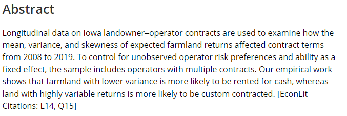 'Effect of risk and incentives on contracts: The case of farm operators in Iowa' by Jun Yeong Lee (@JunYeongLee15) doi.org/10.1002/agr.21… @WileyEconomics @WileyBusiness