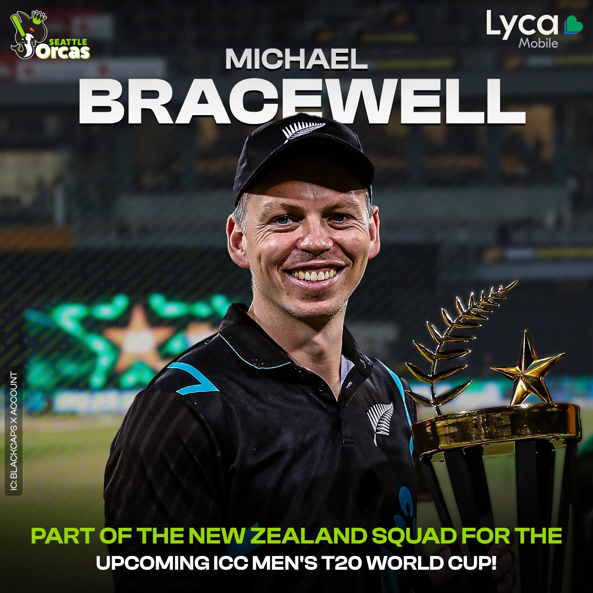 Fresh off leading the Kiwis to a power-packed performance in 🇵🇰, Michael Bracewell has his next 🎯 locked!  

Get ready to witness our very own all-rounder in the 🌴 & 🇺🇸, during the ICC Men's #T20WorldCup 😍 

#SeattleOrcas #MajorLeagueCricket #PodSquad