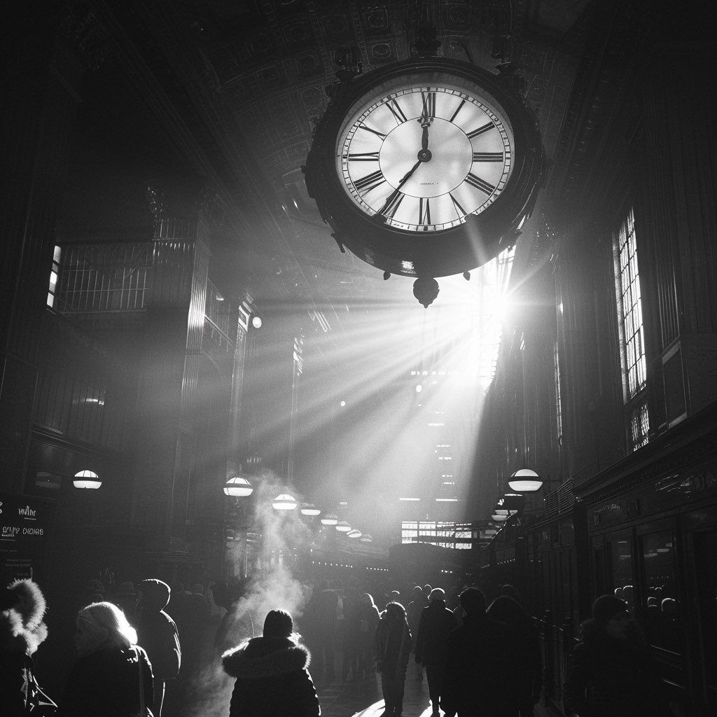 conceptive_'s tweet photo. Sunbeams pierce through an opulent station, casting silhouettes beneath a timeless clock //Created by user MildMethod in #Midjourney #AIArt #Art #AIArtCommunity #DigitalArt #DigitalArtist #Love #Art #Fashion #Conceptive https://t.co/1GUAlsUckV