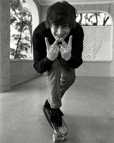 John Lennon absolutely ripping it up on a skateboard behind the scenes during the filming of “Help!” in the Bahamas. Tony Hawk, who? Photo by Henry Grossman