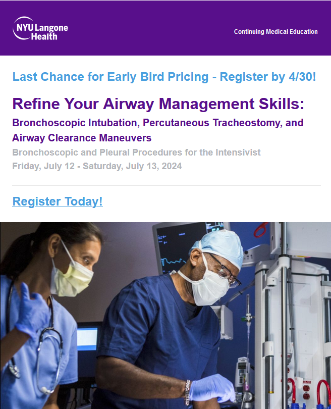 lemery_mph's tweet photo. Refine your airway management skills at NYU Langone's upcoming #CME-accredited course:

Bronchoscopic &amp; Pleural Procedures for the Intensivist
🗓️ Fri 7/12:  Lectures (Livestream &amp; In-Person)
🗓️ Sat 7/13:  Cadaver Workshop (In-Person Add-On)
🔗 https://t.co/RTABrOEDhA

#MedTwitter https://t.co/FileVaXQgp