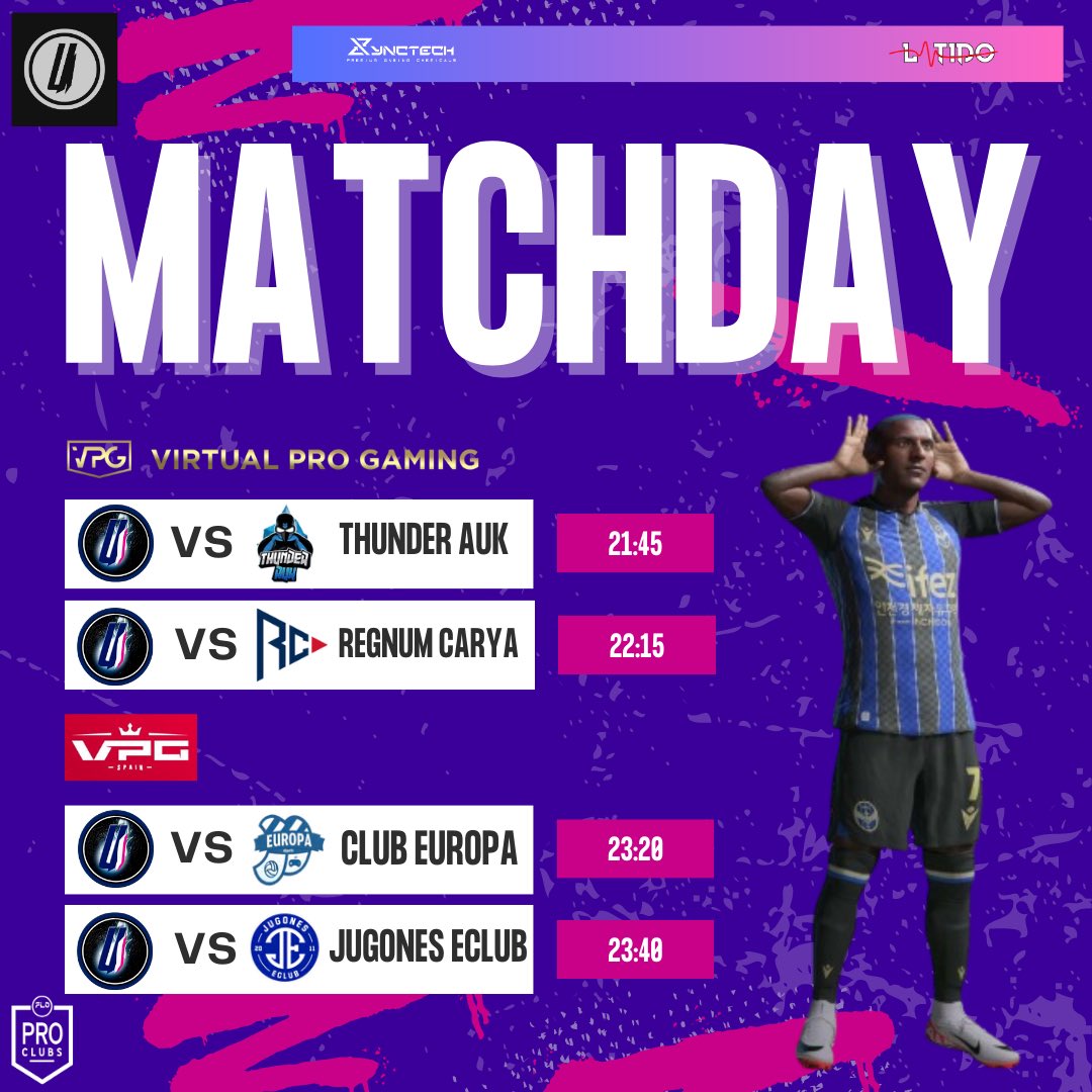 #MATCHDAY | CLUBES PRO

🏆@OfficialVPG 
⏰21:45&22:15
🆚@ThunderAuk @regnumcarya

🏆@VPG_Spain 
⏰23:20&23:40
🆚@CEEuropa @jugoneseclub 

🟣cabezaultrainstinc

#ClubesPro #FeelUltraInstinct