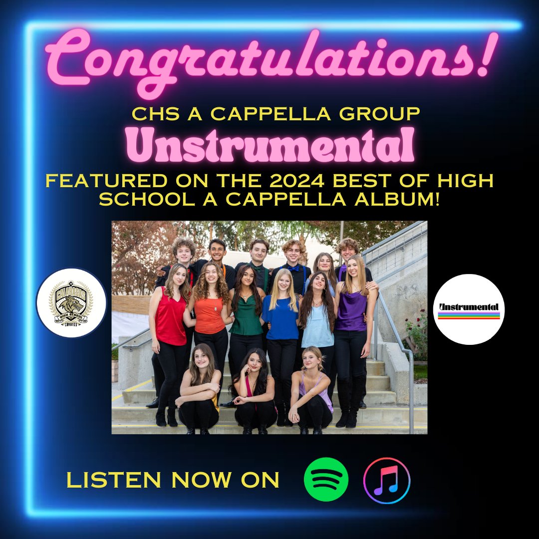 We're thrilled to announce that CHS's a cappella group Unstrumental has been featured on the 2024 Best of High School A Cappella album! Only 19 songs made it to this prestigious selection, and we are so proud they are one of them!