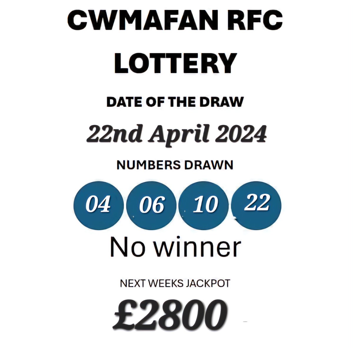 This weeks Lotto numbers, there were no winners so next week's Jackpot is £2800
