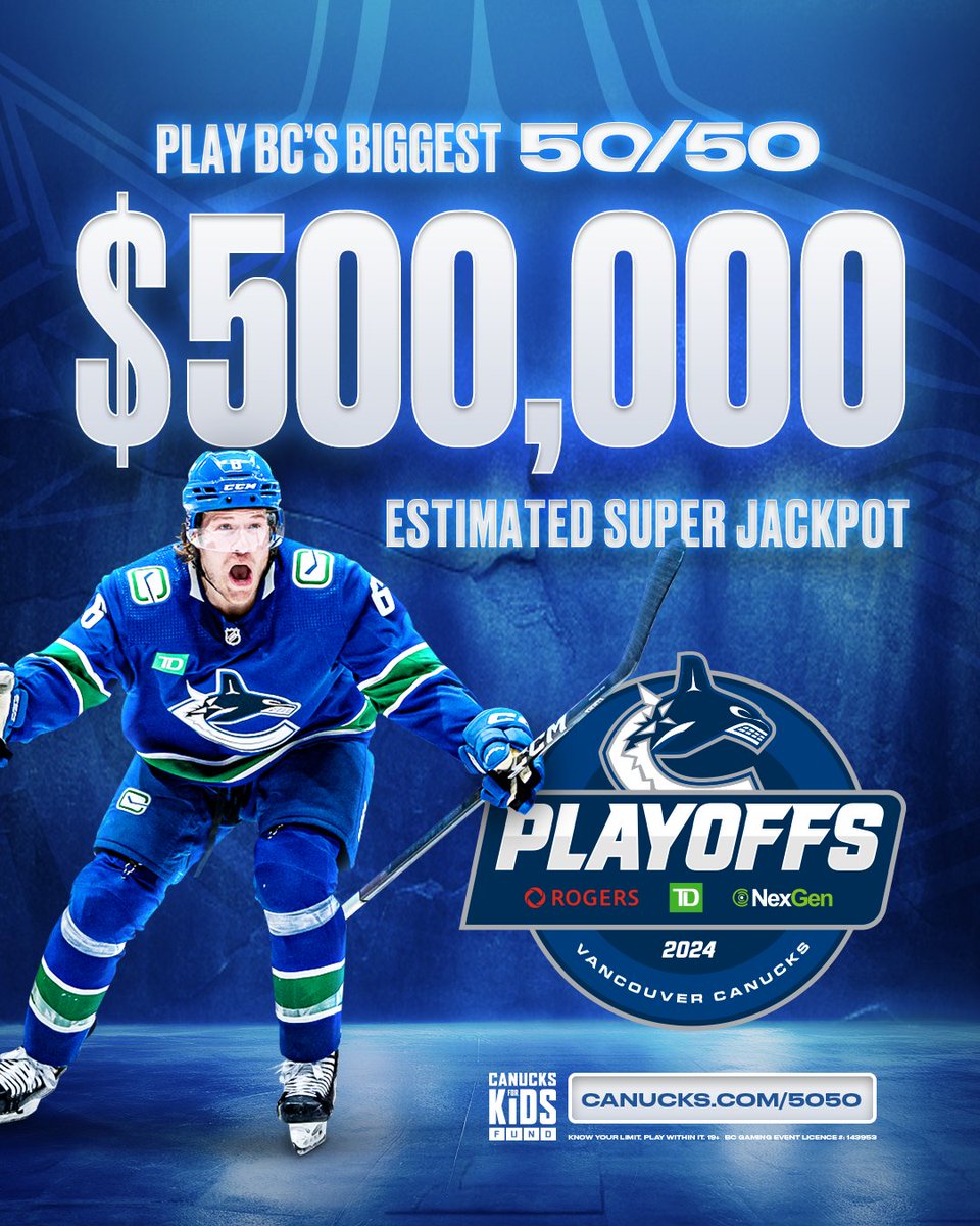 The @canucksforkids 50/50 raffle for an estimated $500,000 is now LIVE for Game 5! 💰 Must be 19+ and located in B.C. to play. BUY NOW | vancanucks.co/5050HomeTW