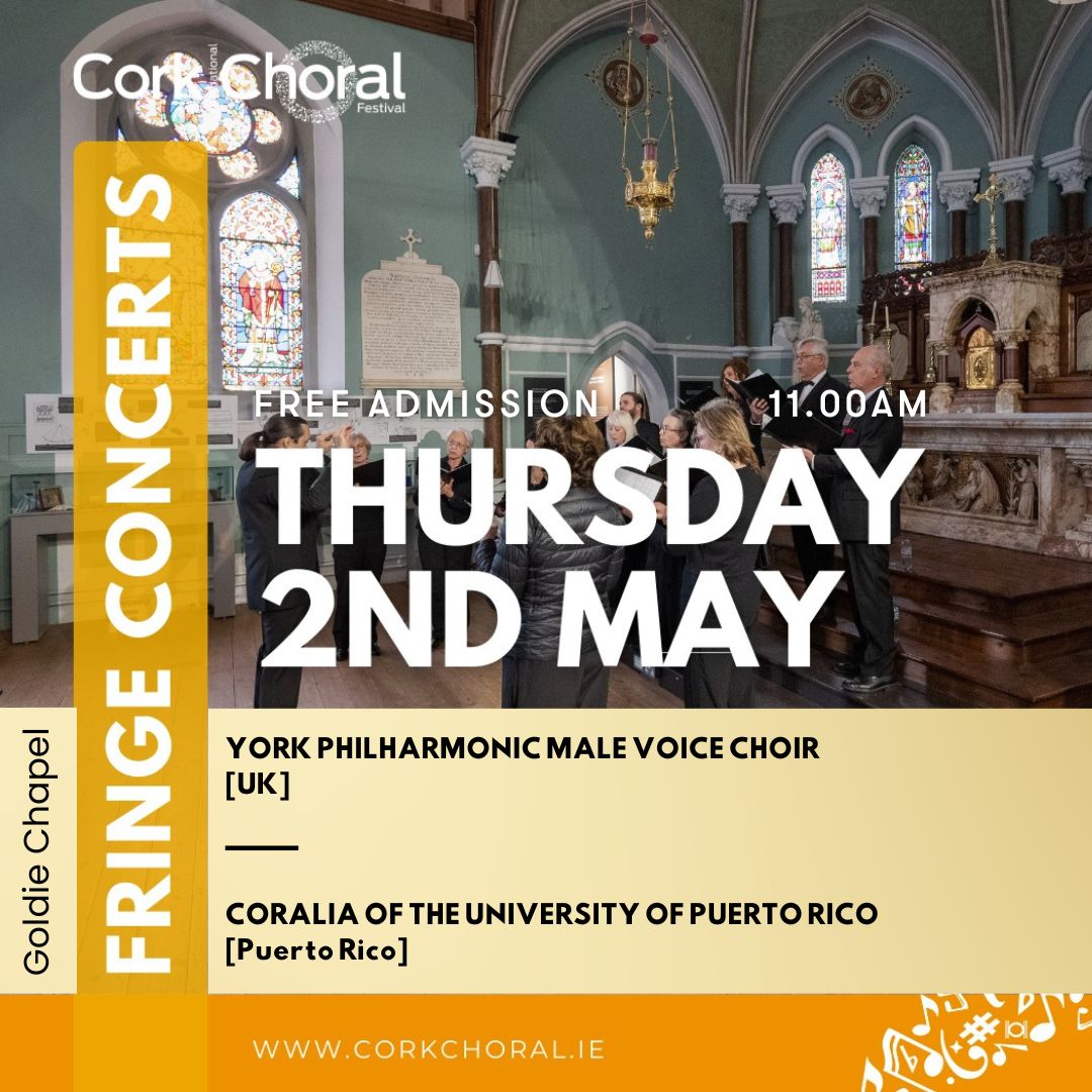 The #CorkChoralFestival is days away! Immerse yourself in Fringe Concerts at Goldie Chapel in the 70th anniversary celebration of this #Cork favourite. #powerofsong @corkchoralfest @Corkcoco @pure_cork  @artscouncil_ie  @corkcitycouncil @lantern_cork  @CorkMigrant @EthnicHands
