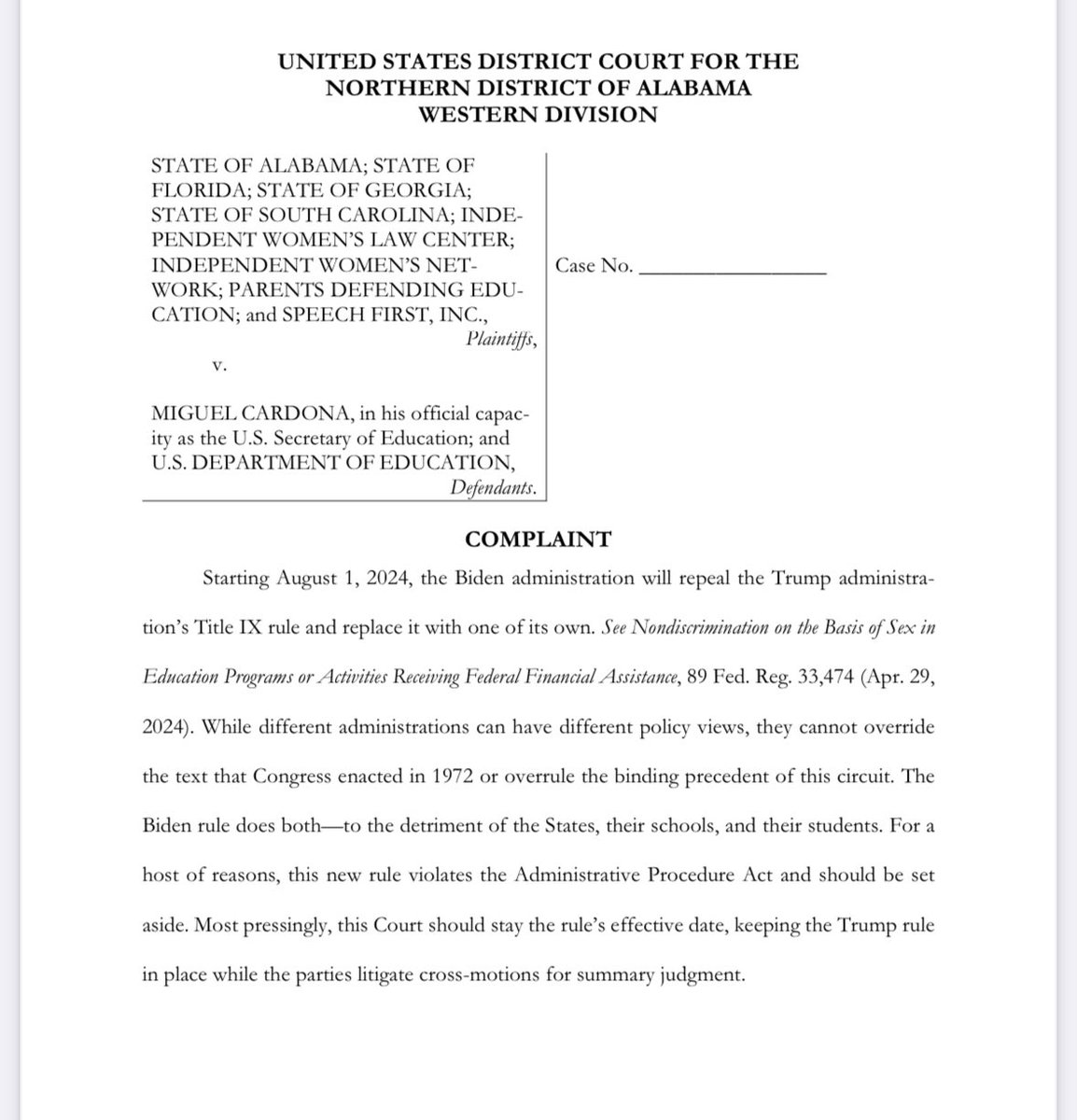 🚨BREAKING: @DefendingEd, @IWF, @Speech_First, and the states of Alabama, Georgia, Florida, and South Carolina just filed a landmark lawsuit against the Biden Administration over their illegal Title IX rewrite. The role of Cabinet agencies is to interpret laws as written by…