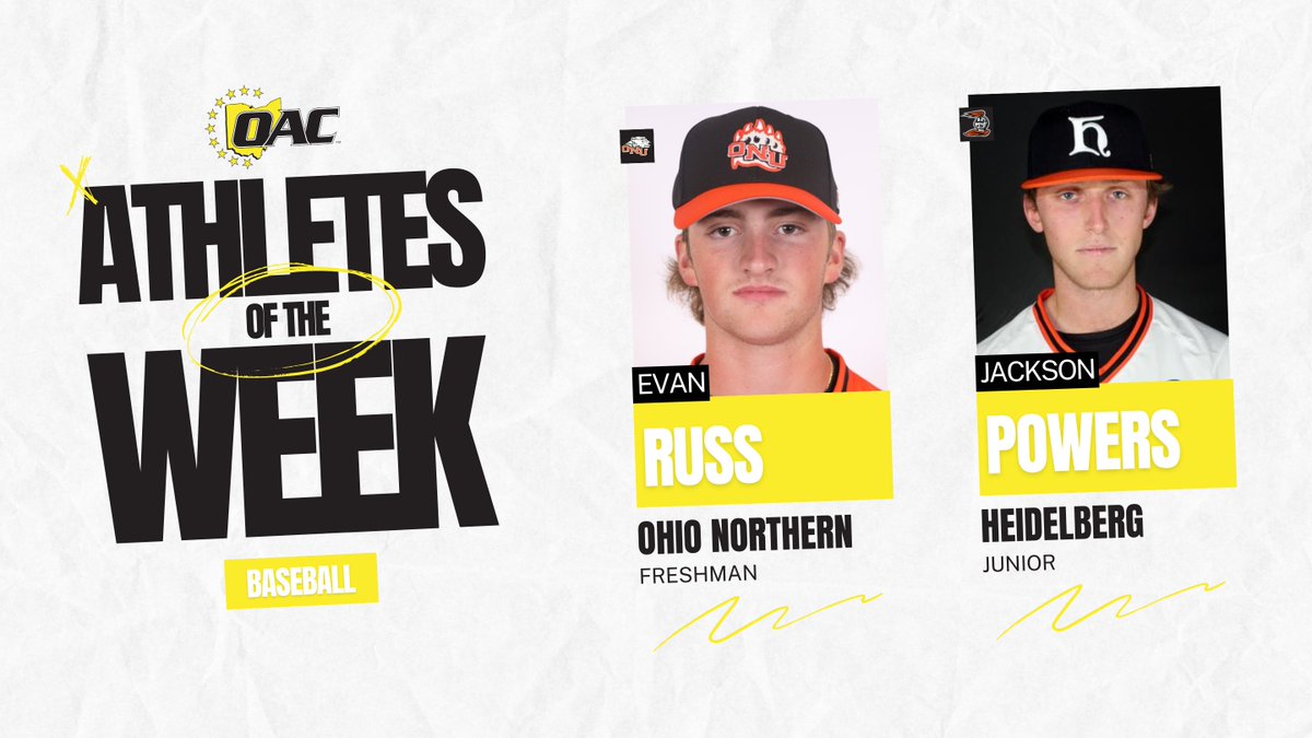 Athletes of the Week | Baseball

Evan Russ, <a href="/ONUsports/">Ohio Northern Sports</a> 
Jackson Powers, <a href="/BergAthletics/">Heidelberg Athletics</a> 

#OAC #OACBaseball⚾️