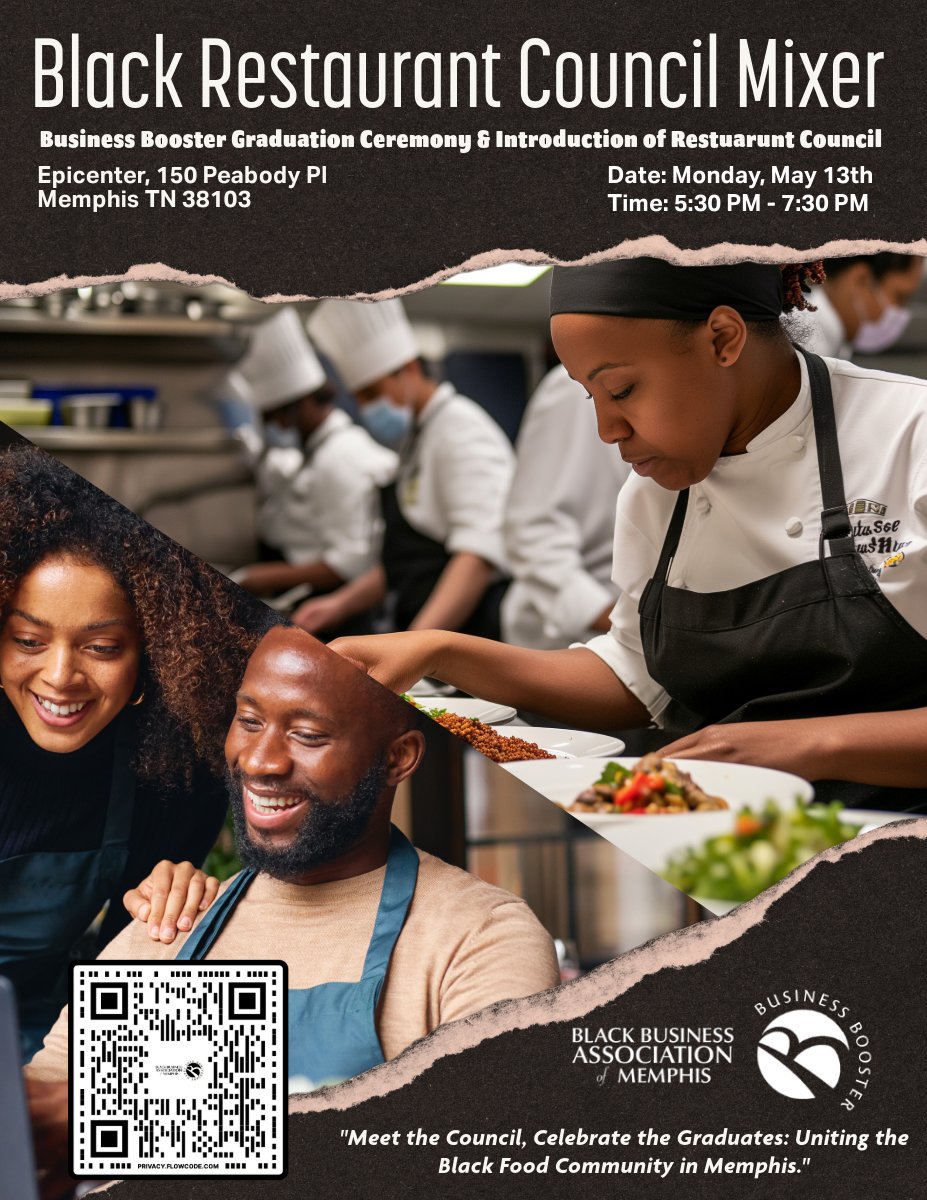 🥳Join the BBA for an exclusive mixer to meet Memphis Black Restaurant Council members and hospitality professionals. Celebrate the recent achievements of Business Booster program graduates🎓 and learn about initiatives to strengthen the community. Scan QR code to join ‼️🎉🙂