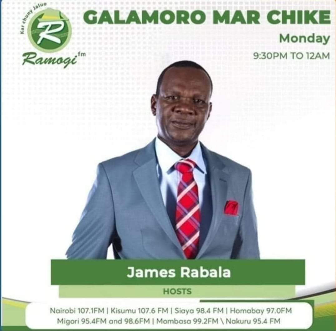 Oimore Nyakwar Ramogi. Machiegni mondo watwag e chenro mar #GalamoroMarChike. Kawuono warango kaka Joluo neyuago thuondi. Matayi en an James Rabala Kwasi Rajabu. Wan gi Jaduong' Kilo Menya Wuod Alego.