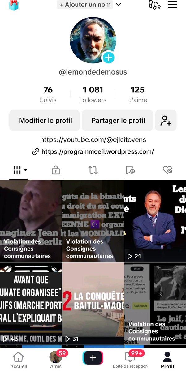 Non content de restreindre mon 5eme compte, je me marre de voir que sur @tiktok_France comme PARTOUT, dans cette 'France sioniste', tout ce qui démasque l #islamisation et la dissidence FM/FMAC comme #Soral par ex, est censuré 🤣 Bande d'aveugles 🤣 twitter.com/Walter_Boujena…