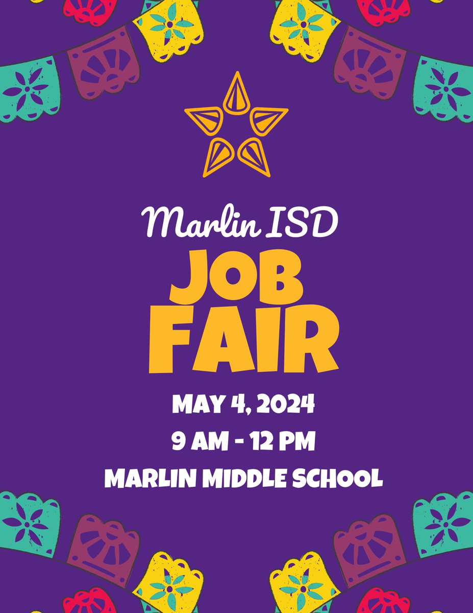 Calling all educators! Marlin ISD is hosting a Job Fair this Saturday, May 4th from 9:00 AM to 12:00 PM at Marlin Middle School. We're offering the region's BEST recruitment incentives! Come meet our team, learn about our amazing school community, and discover your dream job!