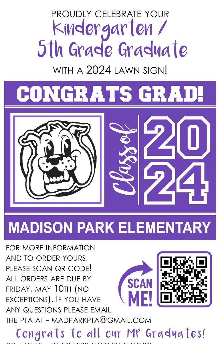 Attn: Kindergarten and 5th Grade Parents! Lawn signs are now available for purchase to celebrate your Graduate. Cost is $25 for one sign or $40 for two. Please click the link below to order and find payment instructions. forms.gle/YbcqFhrHq1gwMi…