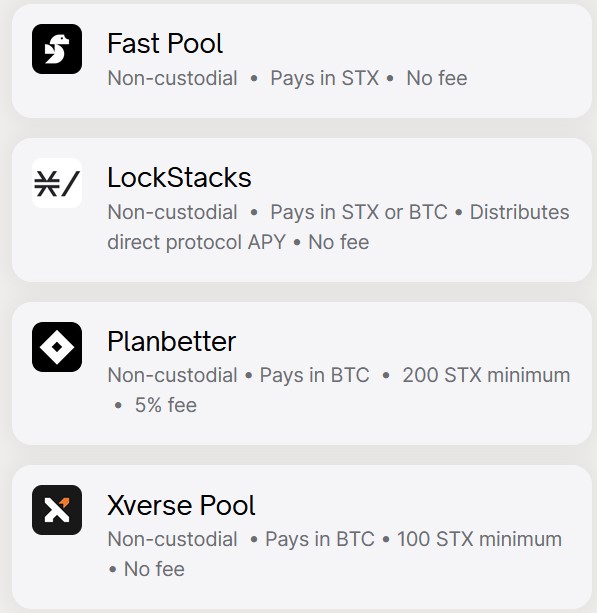 Choosing your pool? Consider your needs! 

🟧 BTC rewards from Xverse or Planbetter 
🟧 STX rewards from Fastpool or Lockstack 

Pick what aligns best with your goals🎯