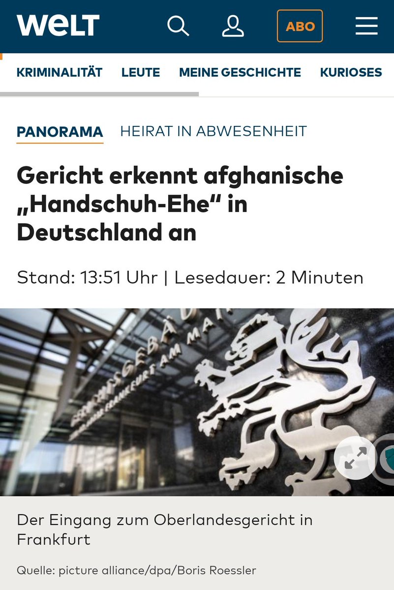 Wir sind absolut Tolerant! 'Bei einer sogenannten „Handschuh-Ehe“ heiratet ein Paar, auch wenn einer der künftigen Eheleute nicht anwesend ist. Ein Afghane wollte seine auf diese Weise geschlossene Ehe aufheben lassen. Das Oberlandesgericht Frankfurt am Main lehnte dies nun ab.'…