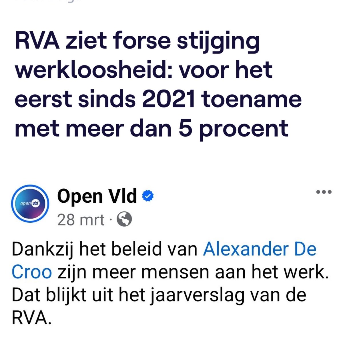 Wat Open Vld zegt…
En wat Open Vld doet

➡️ werkloosheid +5%

Wie gelooft die mensen nog ?

Als zelfs de geciteerde bron uw beleid met de grond gelijk maakt 🙈