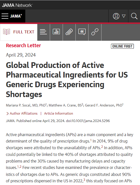 JAMA_current's tweet photo. Study evaluates the characteristics of generic active pharmaceutical ingredients (APIs) used to manufacture drugs with shortages in the US and facilities producing APIs worldwide. 

https://t.co/QZrT229LTL https://t.co/X4sjkitpZQ