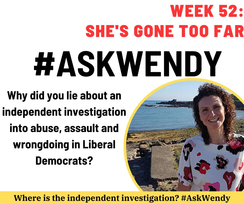 💥WEEK 52 - She's Gone Too Far 💥

Wendy Chamberlain MP - former police officer - lied about investigation into abuse and assault in Liberal Democrats. She is actively preventing  justice. As we move into year 2 of SGTF, it's time to hold Wendy to account.

#AskWendy #AskAlex