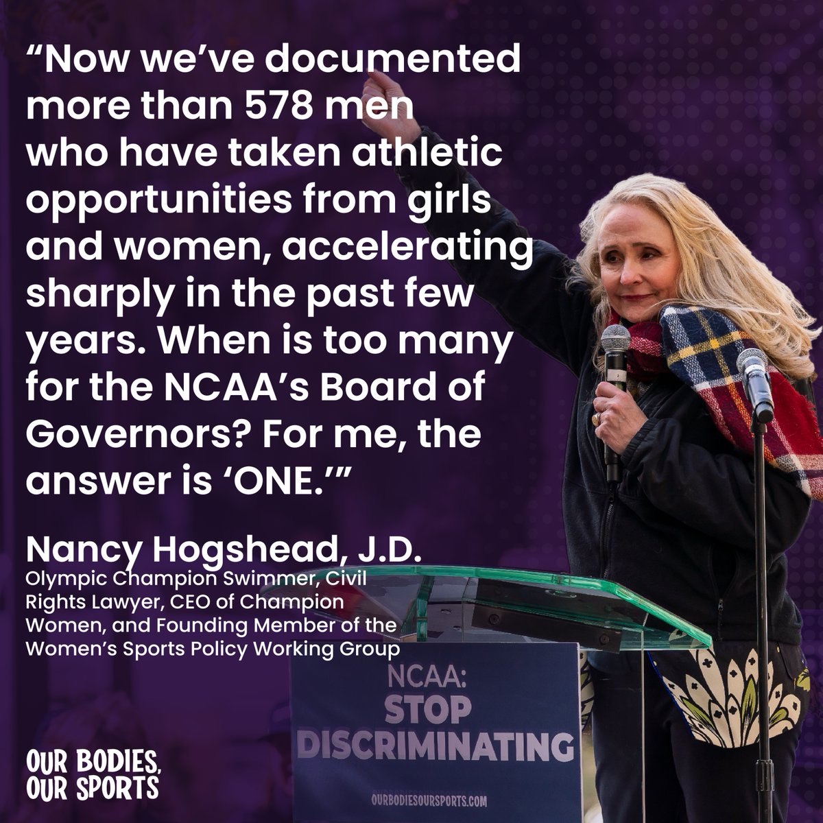 One male taking an opportunity from a female athlete is one too many‼️ Nancy Hogshead, JD, Oly, @Hogshead3Au, is calling on the @NCAA to protect women’s collegiate sports. Learn more:
iwf.org/2024/04/24/fem…