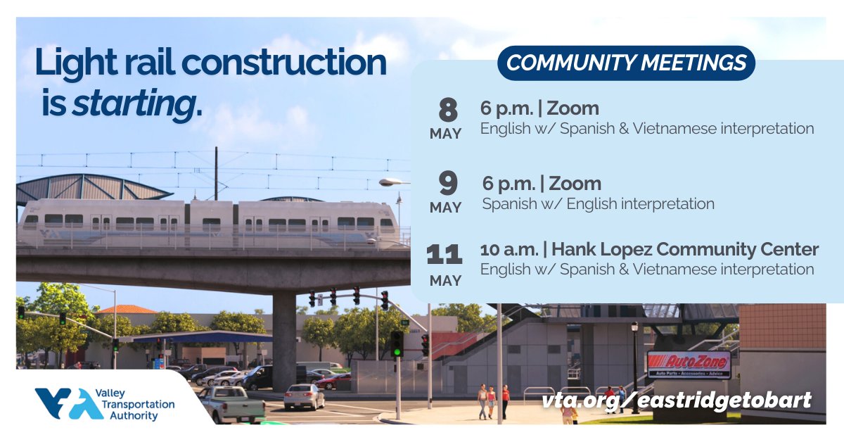 Spread the word! #Lightrail #construction is starting. Learn what to expect. 🚈 5/8 - 6 PM | Zoom bit.ly/4aSq6xd 🚈5/9 - 6 PM | Zoom bit.ly/4a3HRbr 🚈5/11-10 AM | Hank Lopez Community Center bit.ly/3xXxSHt @SupCindyChavez