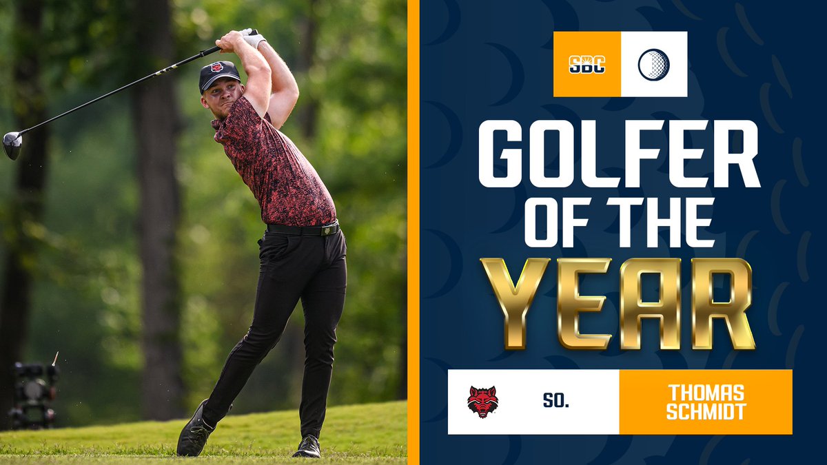 𝗦𝗛𝗜𝗡𝗜𝗡𝗚 𝗦𝗖𝗛𝗠𝗜𝗗𝗧. @AStateMGolf sophomore Thomas Schmidt is the 2024 #SunBeltMG Golfer of the Year after posting a program-best stroke average of 70.97 and leading the Red Wolves to their first conference title since 2019. ☀️⛳️ 📰 » sunbelt.me/4djZjeF