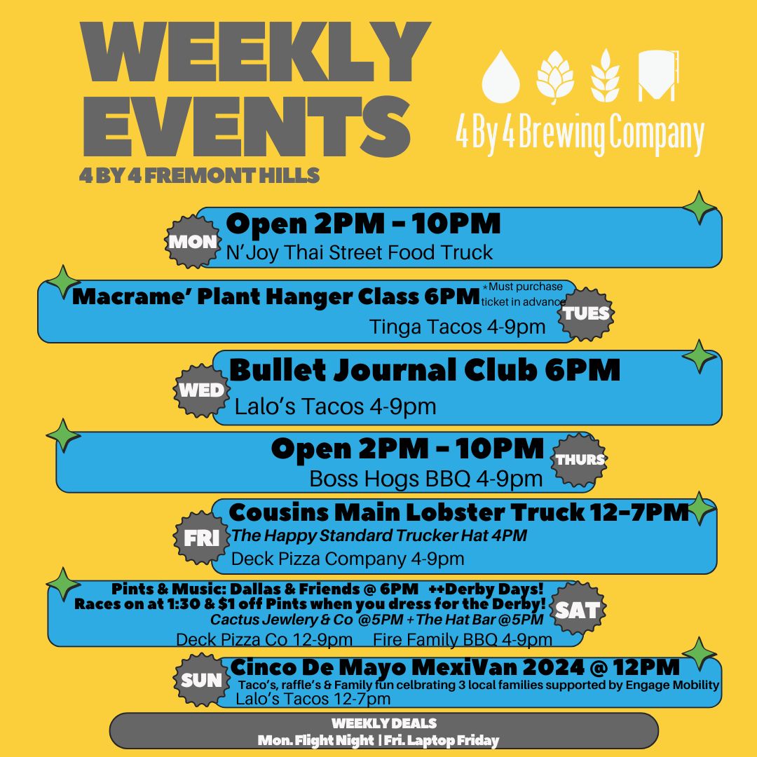 Here's a look at What's Going On at 4 By 4 Fremont Hills this week! We would love to be part of your plans!⁠
⁠
#4by4 #4by4FremontHills #WhatsGoingOn⁠