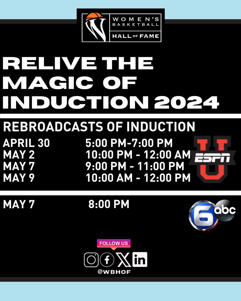 ✨️RELIVE THE MAGIC✨️ Starting tomorrow at 5:00 PM EST, you can watch the Class of 2024 become a part of the Women's Basketball Hall of Fame forever. #WBHOF #InductionCeremony2024 #HonorCelebratePromote