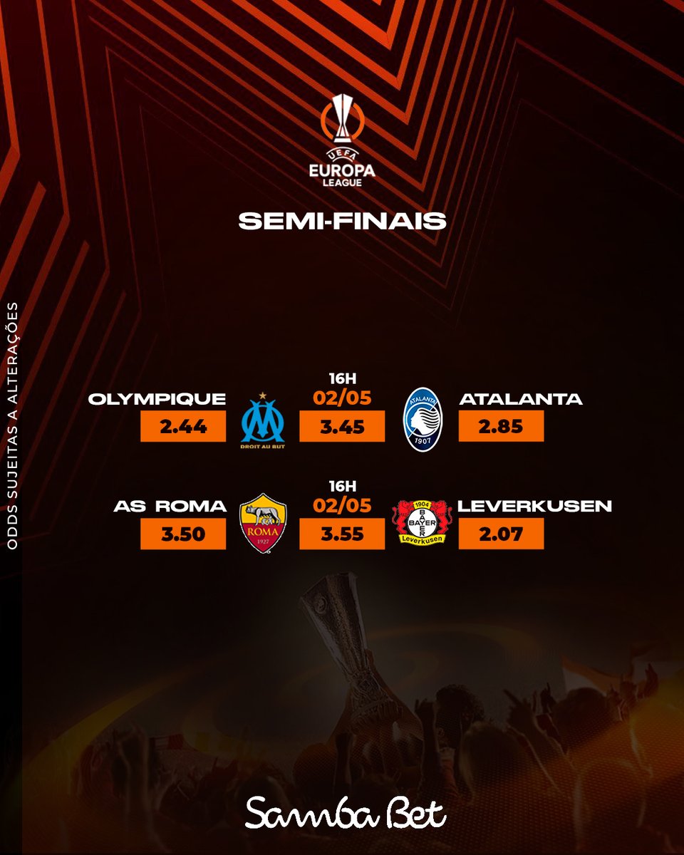 A Liga Europa vai ferver na Sambabet! 🏆⚽

Chegou a hora de suar frio e tremer na base com as semi-finais!

Quem serão os times  que vão à grande final?

Faça suas apostas e vamos ver quem vai trazer o caneco! 🎲🔥

#Sambabet #LigaEuropa #EuropaLeague #Semifinais