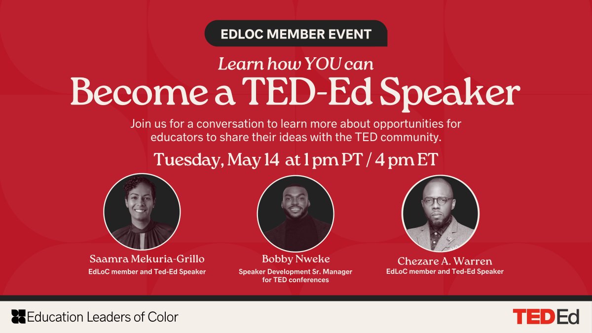 Dream of giving a TED-Style Talk? Join EdLoC members @saamramg & @chezareaugustus on 5/14 as they share their TED-ED journey and insights on the @TED_ED Fellow application. RSVP for the chance to take your ideas to the TED stage! buff.ly/4bfM7G1 #WeAreEdLoC #TEDEd