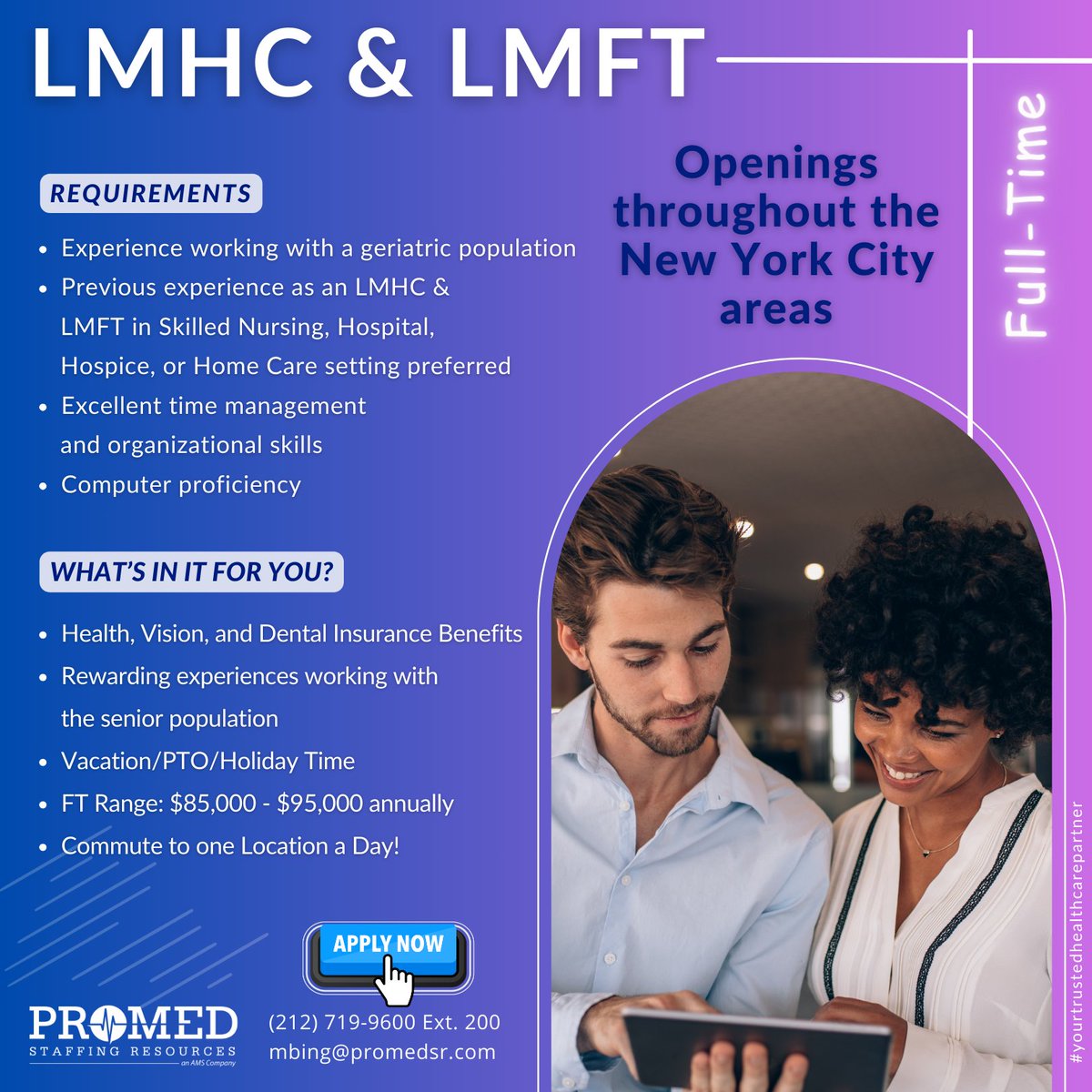 ProMed Staffing Resources invites experienced #LMHCs & #LMFTs to explore a variety of enriching roles. Connect with us at mbing@promedsr.com or call (212) 719-9600 EXT. 200

#licensedclinicalsocialworker #lmhcjobs #lmftjobs  #nonclinicalroles #alliedhealth #socialwork #promedsr