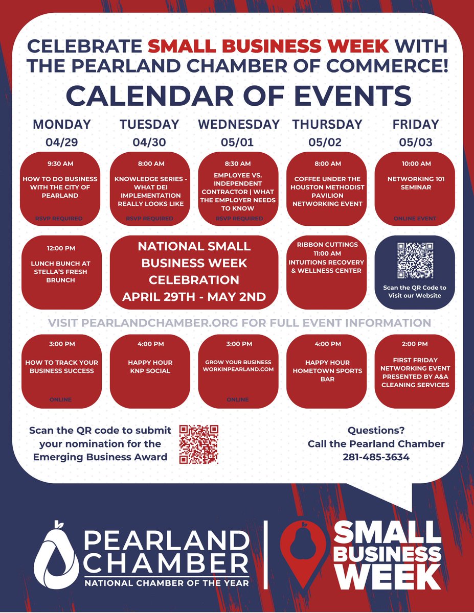 Don't miss out! The Pearland Chamber of Commerce is hosting a week-long celebration of small businesses with networking, learning, and recognition! Learn more: bit.ly/3WbjUfh #PearlandTX #SmallBusinessWeek #InnovationLivesHere