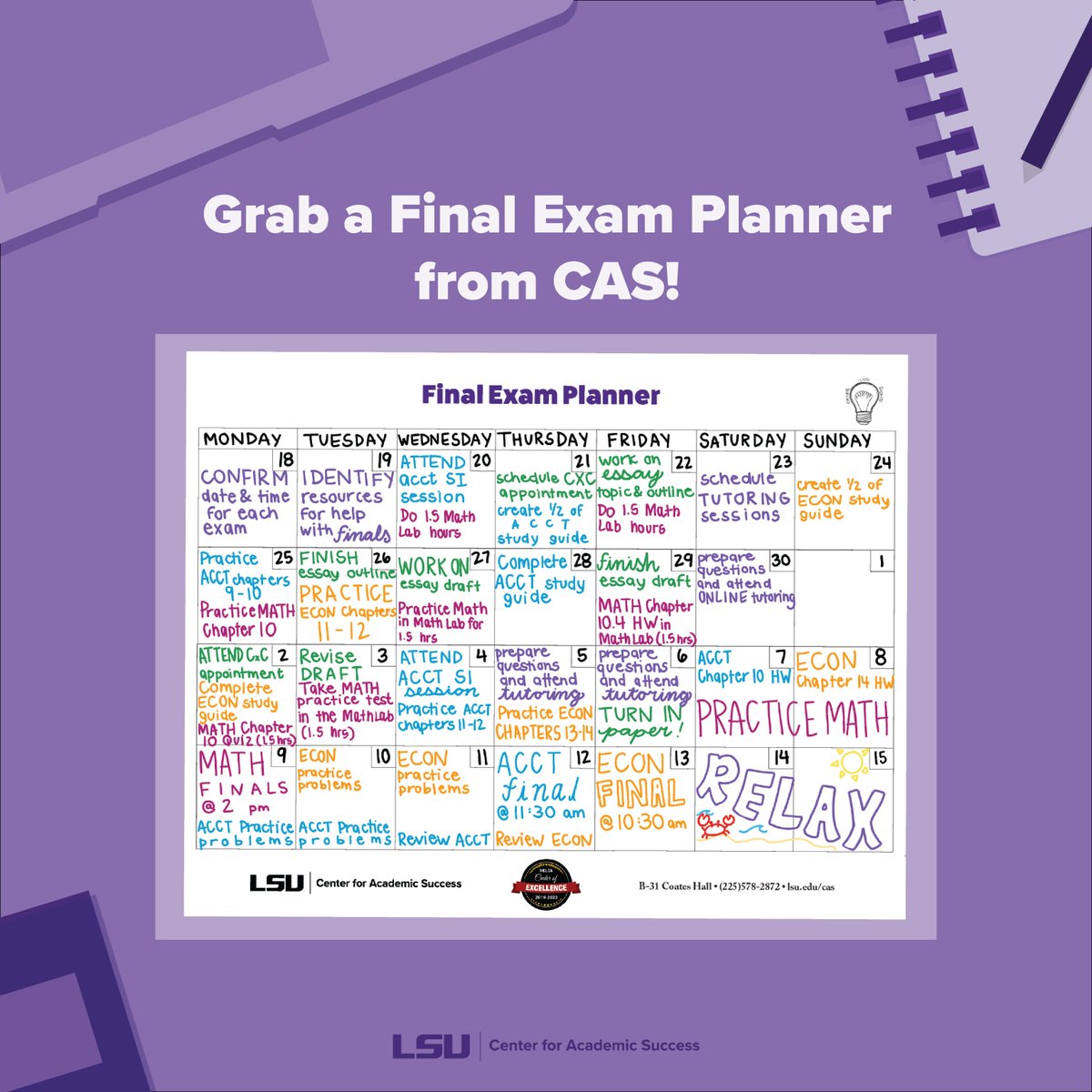 Have you grabbed your Final Exam Planner yet? Don't wait, finals are almost here! Physical copies available in the CAS office (Coates B-31), digital copies available on our website. 💡