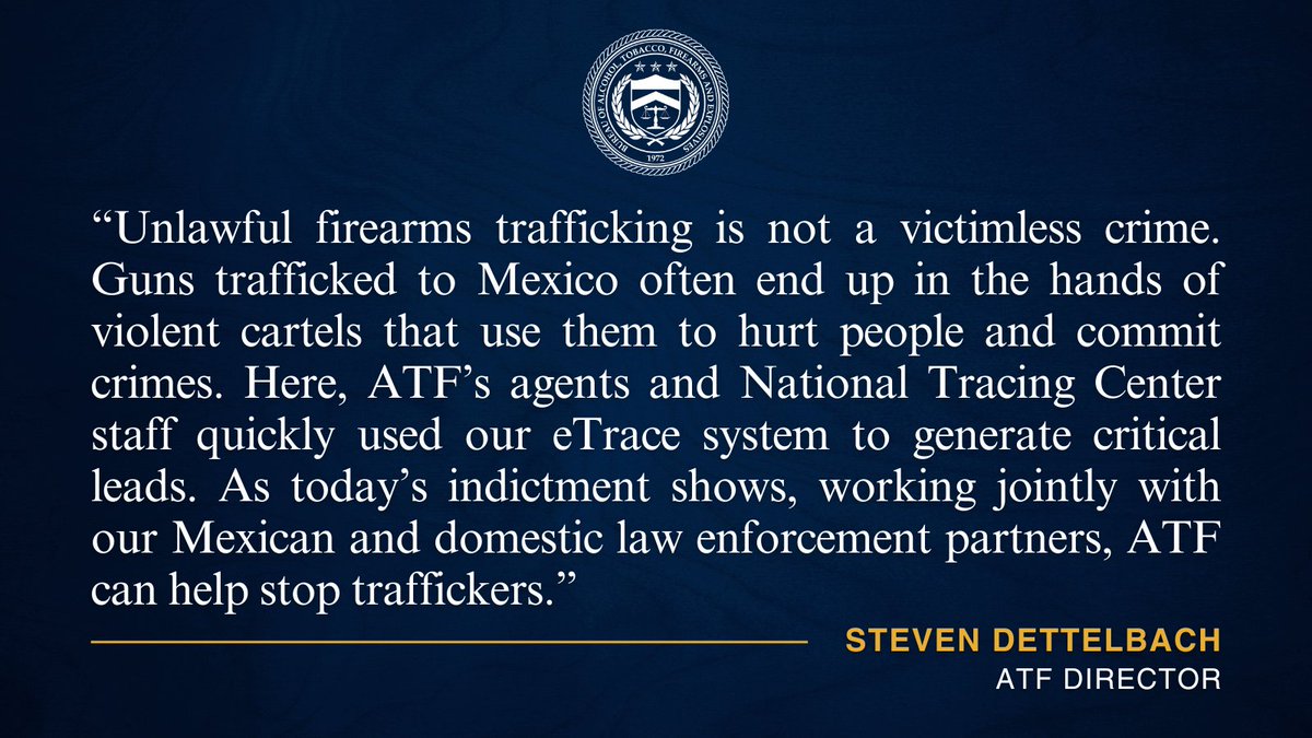 An ATF trace & investigation led to the arrest of a Kansas man while he was crossing the border from Mexico back into the U.S. after being indicted by a federal grand jury for stealing 41 firearms from a gun store in Missouri. More at atf.gov/news/pr/kansas…. #StopGunTrafficking