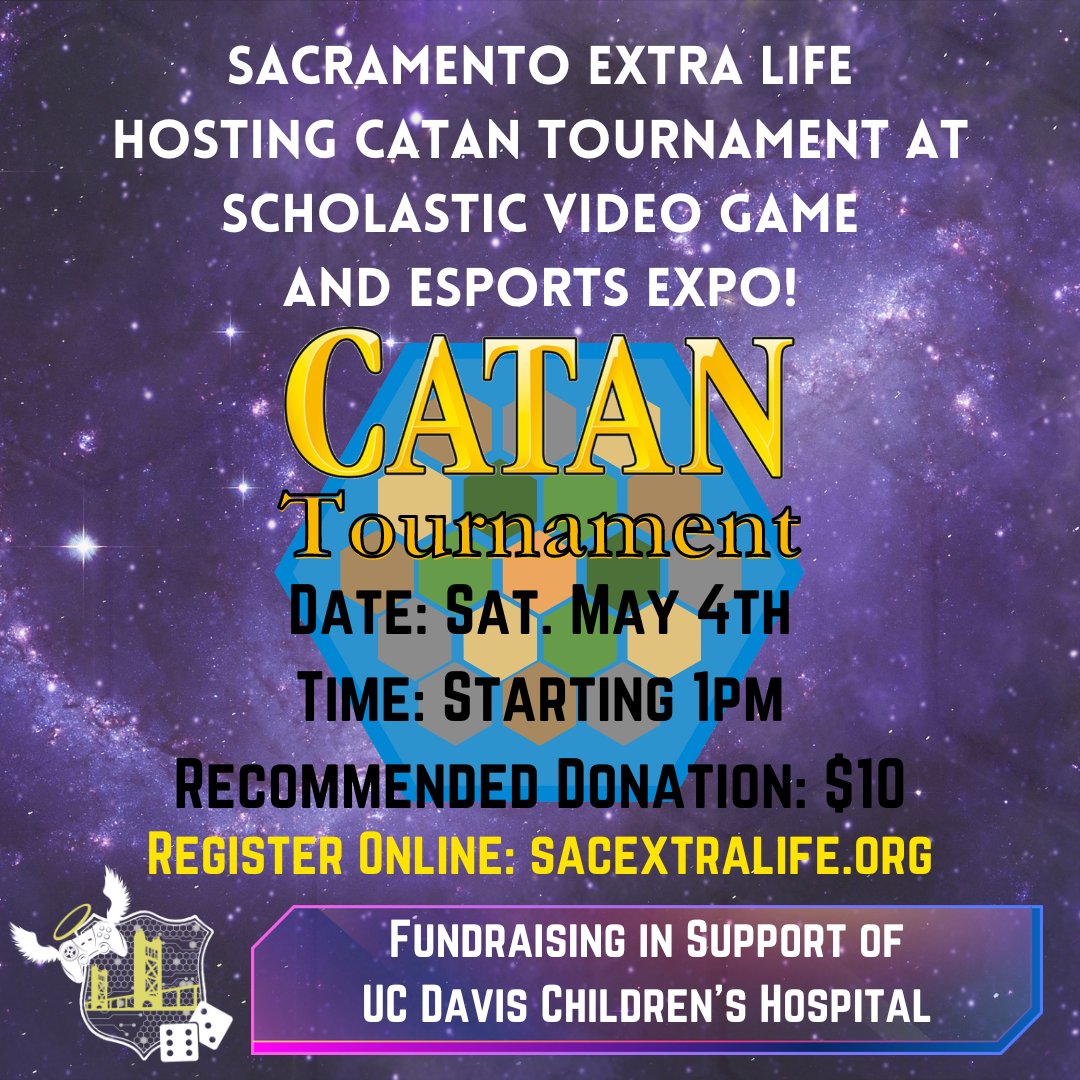 Join us this weekend at the Scholastic Video Game and Esports Expo for a Catan Tournament! Early registration ensures you entry and includes an early bird gift! You can register online via our website.

sacextralife.org/events/catan-t…

#SacELTravels #ExtraLife #Catan #changekidshealth