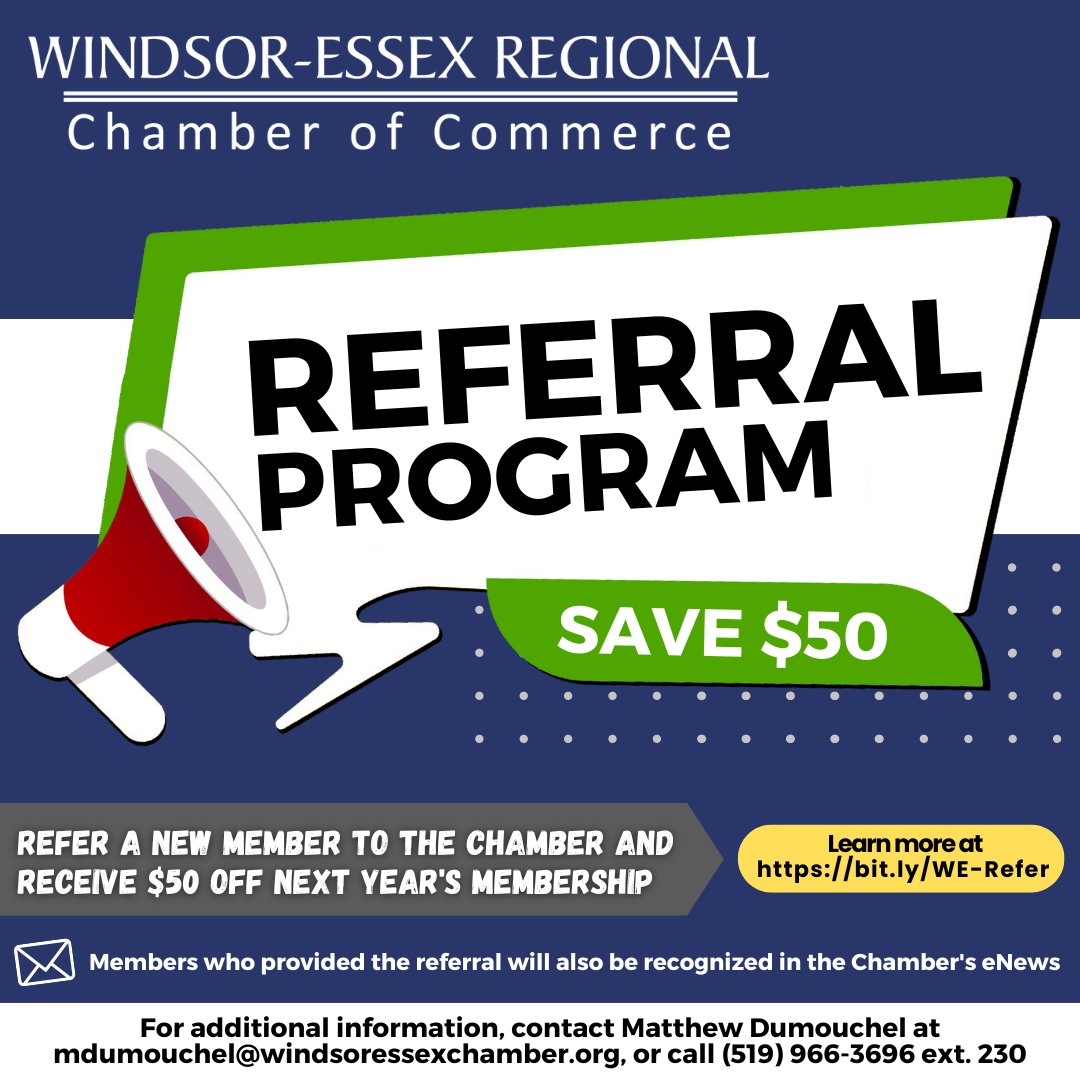 Who doesn't like saving money? With the @WERCofC's Referral Program, you can save $50 (or more) on your membership dues just by referring a new member! For more info, visit bit.ly/WE-Refer or contact Matthew at mdumouchel@windsoressexchamber.org #WindsorBusiness