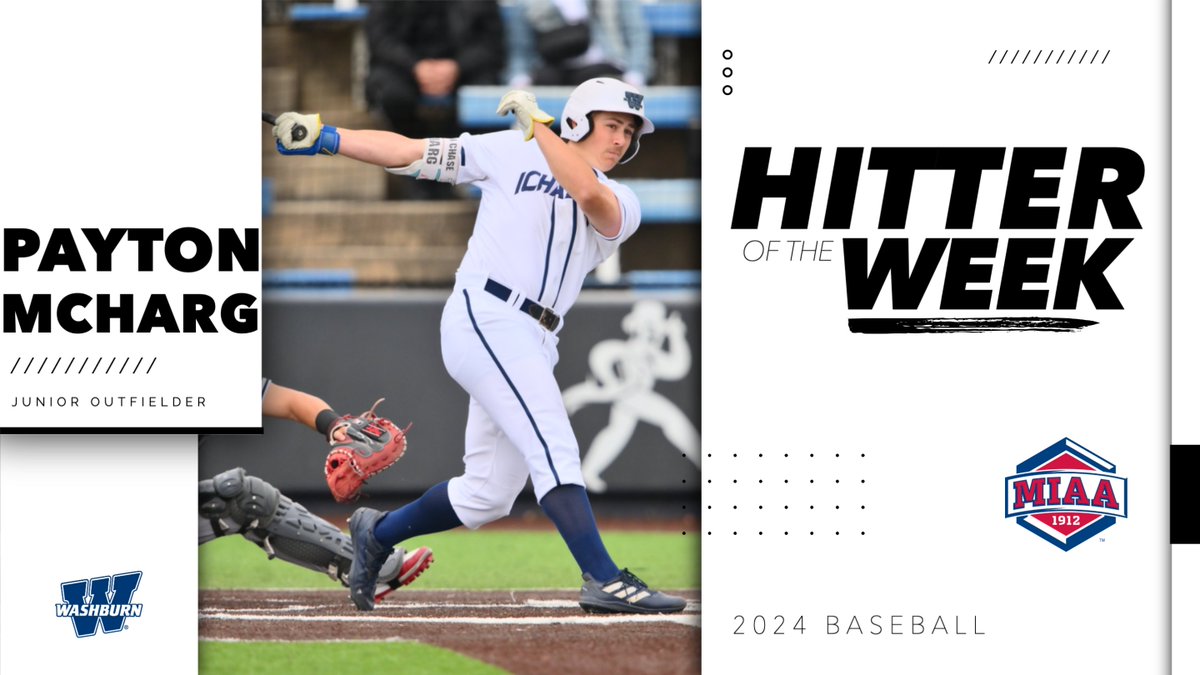 In their final MIAA series, Washburn's Payton McHarg hit .579 with a .704 on-base percentage and a 1.053 slugging percentage. 

He's our final 𝙈𝙄𝘼𝘼 𝙃𝙄𝙏𝙏𝙀𝙍 𝙊𝙁 𝙏𝙃𝙀 𝙒𝙀𝙀𝙆 in the 2024 season⚾️⤵️

📰 bit.ly/3UGVSaY
#BringYourAGame