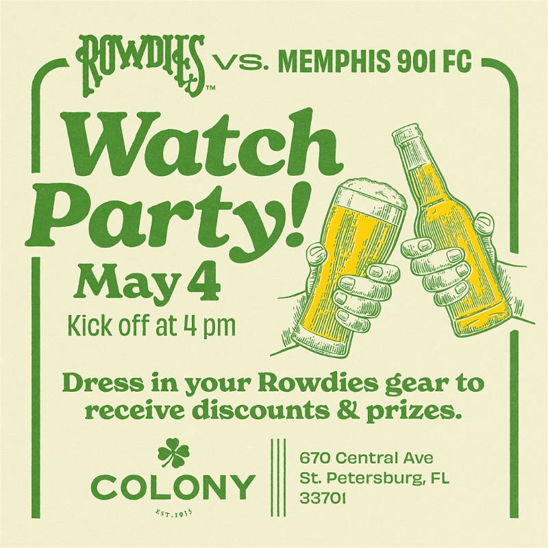 While the lads are away, we party at Colony Grill. 🍕🍺 Don't forget to wear your favorite Rowdies this Saturday to get a discount on pizza!