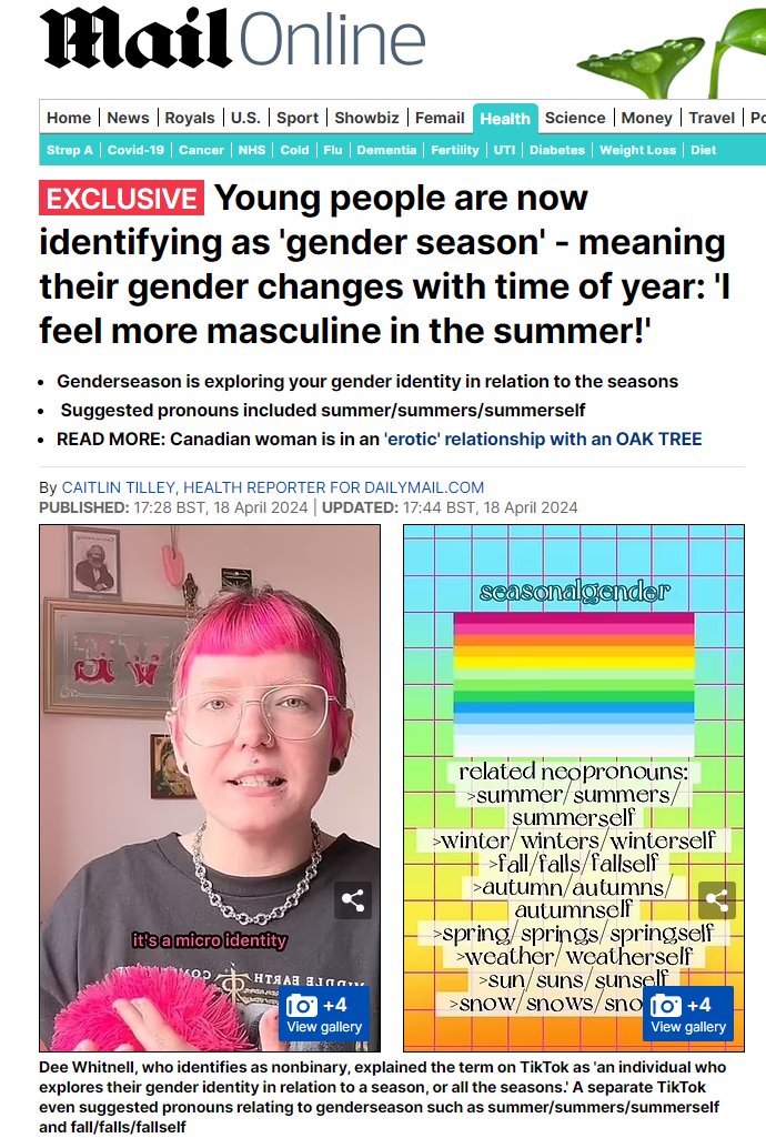 Nonbinary people are now identifying as seasons. A genderseason is 'an individual who explores their gender identity in relation to a season, or all the seasons,' including pronouns like 'summer/summers/summerself and fall/falls/fallself'