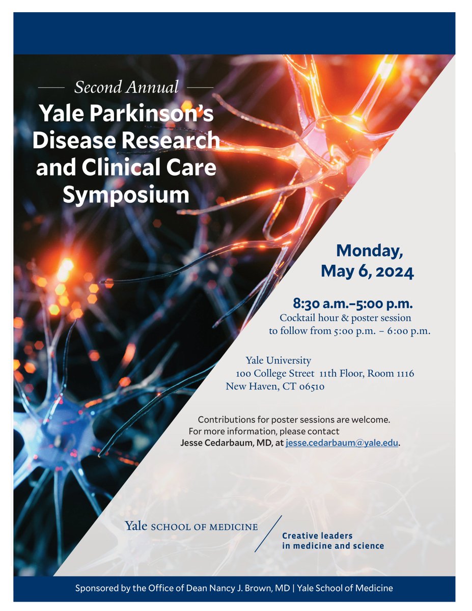 Join us on May 6th from 8:30 am to 6 pm for @YaleMed's Second Annual #Parkinsons #Disease Research and Clinical Care Symposium! The day includes a series of talks🎙️, poster sessions👥, and networking opportunities🥂. Make sure to mark your calendars! 🗓️ medicine.yale.edu/neurology/even…