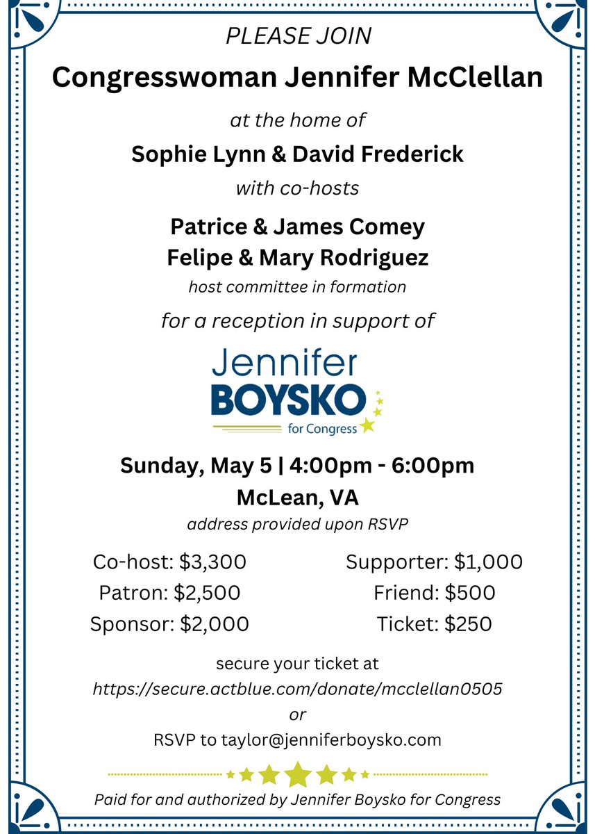 Save the date for Sunday, May 5th!!  Come & support my campaign for #VA10 with @JennMcClellanVA!  Host committee in formation. Click the link to register 🔗 buff.ly/3wkAFKg #TeamBoysko