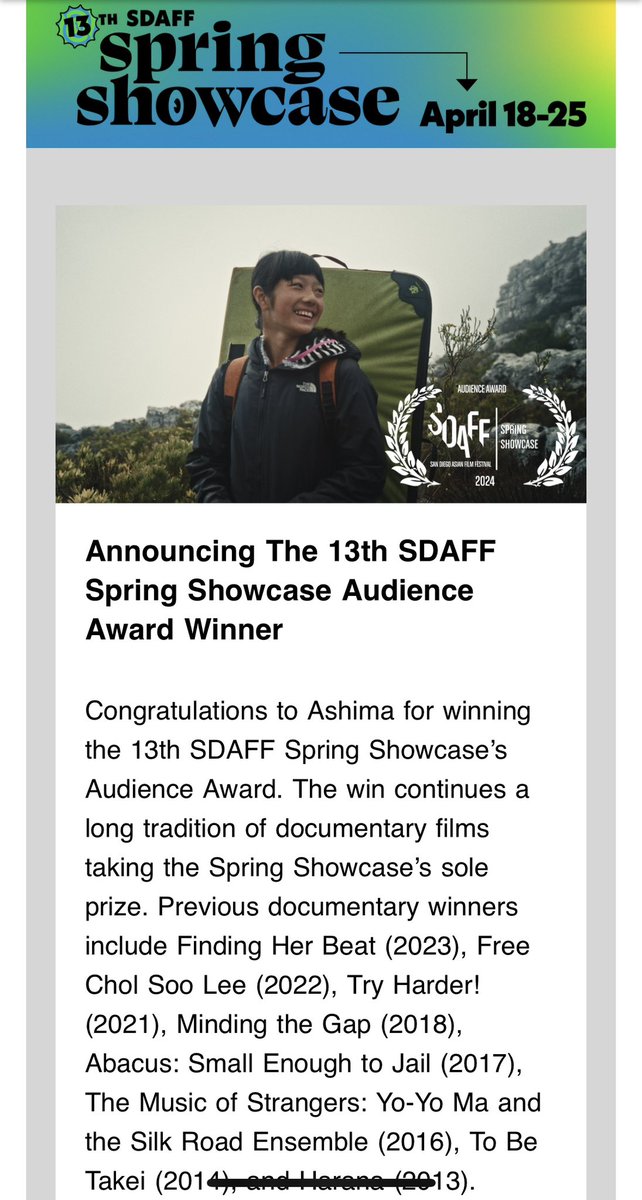 So freaking proud!! ASHIMA won Audience Award at the #SDAFF Spring Showcase!! 🏆 Thank you @PacArtsMovement & our SD friends for all the love! So humbled & honored (esp w/ our predecessors OMG 😳)! Next up: LA premiere on SUN 5/5 at @VCFilmFestival! 🎟️ashimathemovie.com
