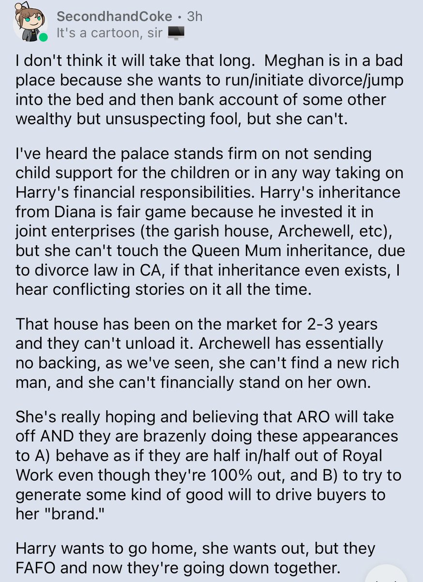 The harkle marriage is just a business arrangement at this point. She is too long in the tooth for a billionaire to want to take her mess and grift on. If she got a taker, she would golddig herself into a new relationship and drop Harry. He gets her press and not money and now…