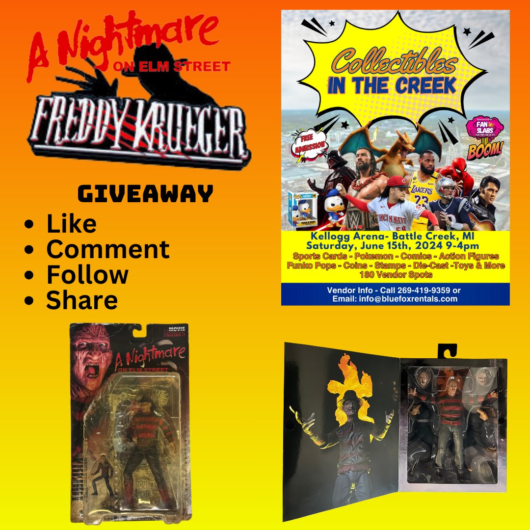 Let the games begin!  Collectibles in the Creek is giving away these  #FreddyKrueger figs just in time for 'Fred' on @StreamOnMax  

To Enter: 
>Heart this Tweet
>Follow @inthecreek269 
>Retweet this 
>Comment your Fav Freddy 

(1 Winner each figure - Winners Announced May 10th)