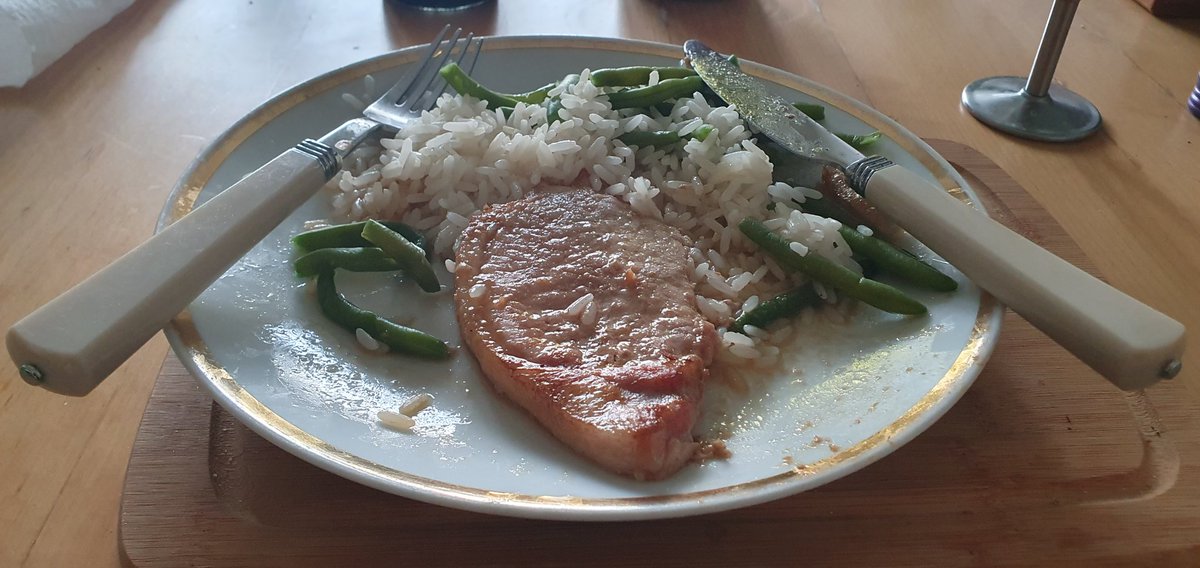 Hunter's supper tonight is a meal I enjoyed as a student at the University of Vienna many years ago. Schweinebraten mit Reis u. Grohne Bohnen.* 🙂🇦🇹 *roast pork loin, rice, green beans. #Austria #wholesome #food