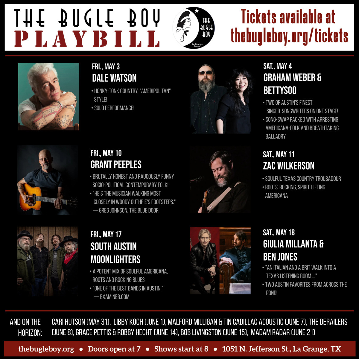 Check out our May artists performing in our converted WWII Army Barracks Listening Room in La Grange!
thebugleboy.org/tickets

#listeningroom #livemusic #livewebcast #lagrangetx
#roundtoptx