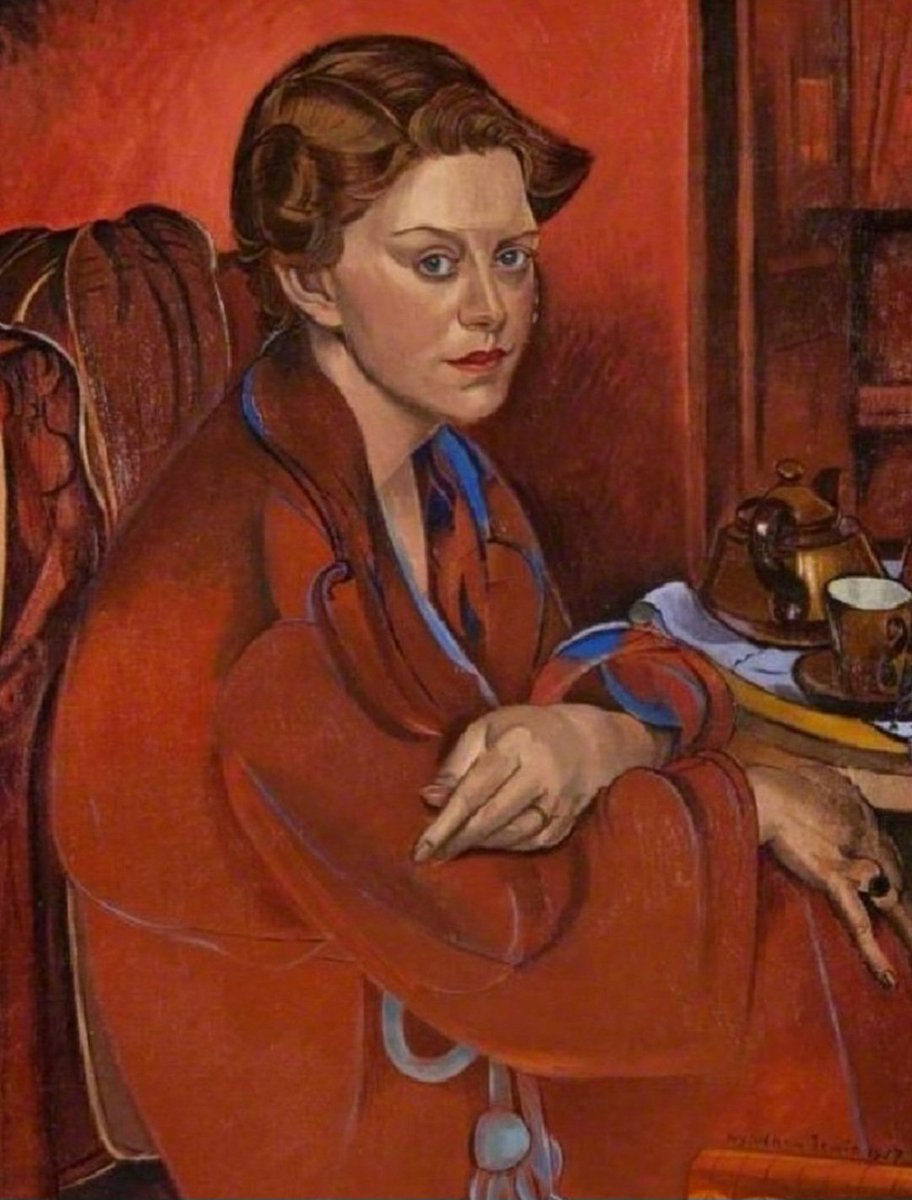Wyndham Lewis' study shows his wife Froanna. In the 1930s, his eyesight was declining as a result of an undiagnosed tumour pressing on his optic nerve, which might account for the prominence of red in his later work.