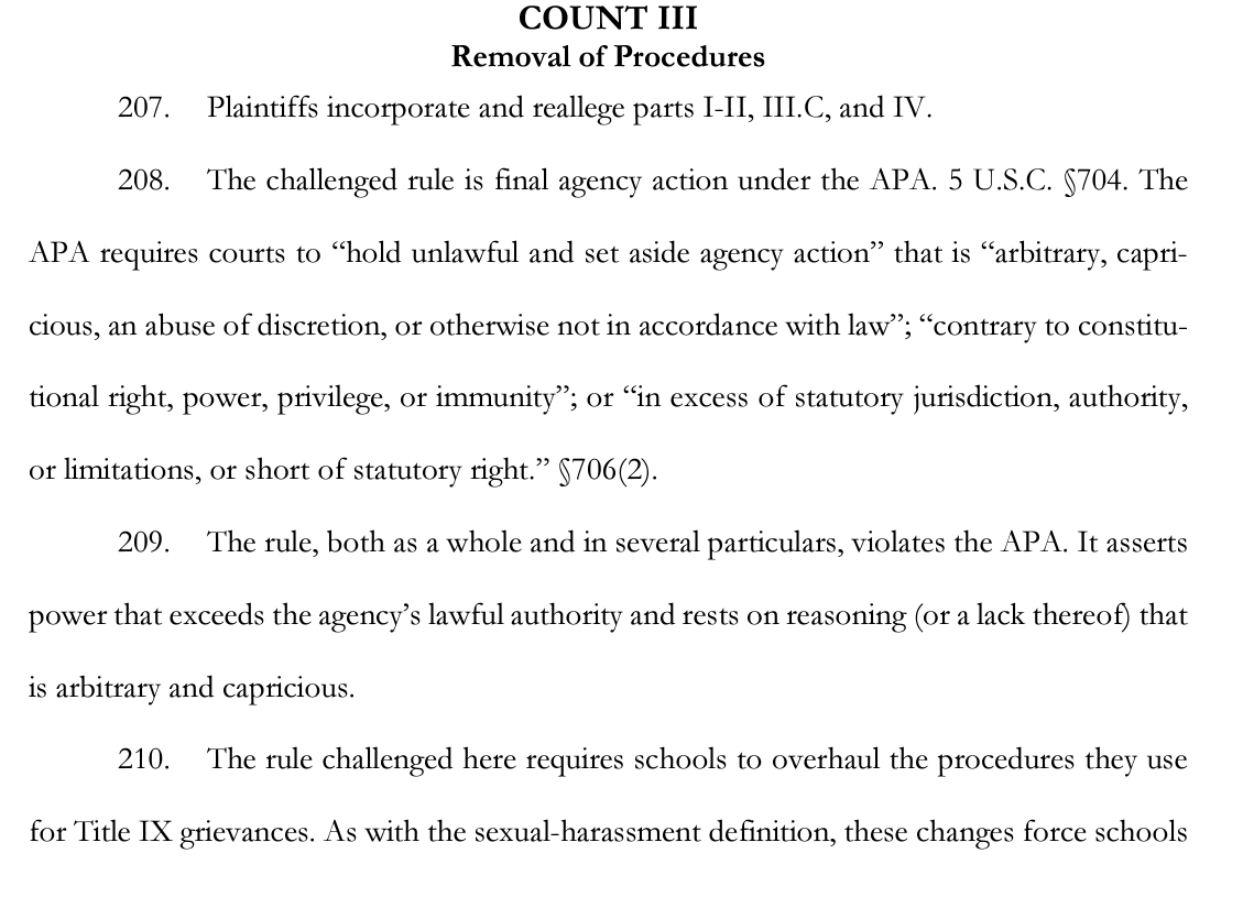 The first of what likely will be several lawsuits against the Biden/Lhamon Title IX regulations just filed by GA/Fl/AB/SC and several interest groups. Due process section frames question correctly: what justification did ED have for *revoking* rights? defendinged.org/wp-content/upl…