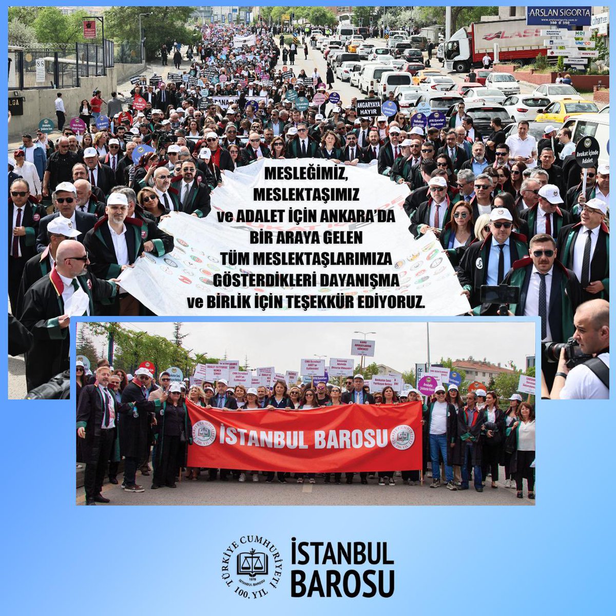 MESLEĞİMİZ, MESLEKTAŞIMIZ VE ADALET İÇİN ANKARA’DA BİR ARAYA GELEN TÜM MESLEKTAŞLARIMIZA GÖSTERDİKLERİ DAYANIŞMA VE BİRLİK İÇİN TEŞEKKÜR EDİYORUZ Barolar ve TBB’nin 27 Nisan 2024 Cumartesi günü “Avukat İçin de Adalet” sloganıyla Ankara’da gerçekleştirdiği “Büyük Savunma…