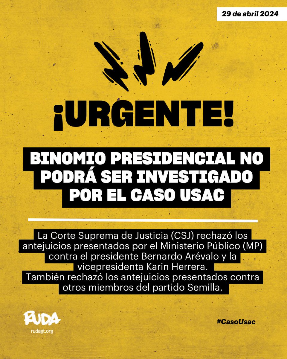 #URGENTE 🚨 La CSJ rechazó los antejuicios presentados por el MP contra el binomio presidencial en el #CasoUSAC 

El pleno de magistrados de la Corte Suprema de Justicia (CSJ) rechazó los antejuicios presentados por el Ministerio Público (MP) contra el presidente Bernardo Arévalo…